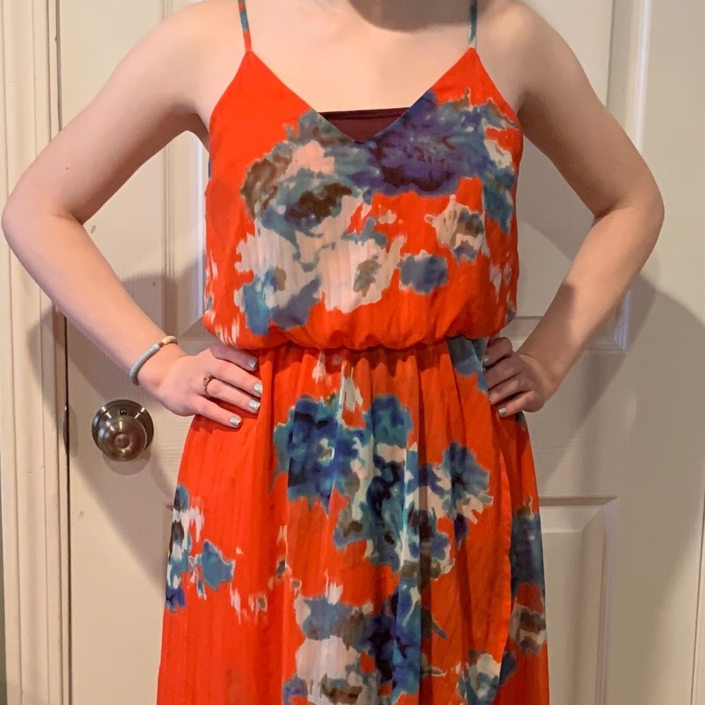 Girls Red Floral Spaghetti Strap High-Low Dress